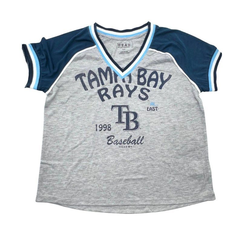 rays women s grey navy sleeves tb raglan wear t shirt the bay republic or team store of the tampa bay rays and rowdies