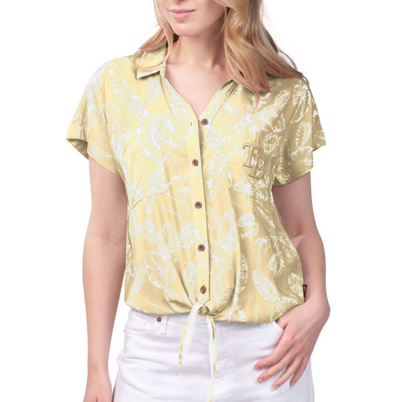 rays women s margaritaville yellow floral tie front hawaiian shirt the bay republic or team store of the tampa bay rays and rowdies 1