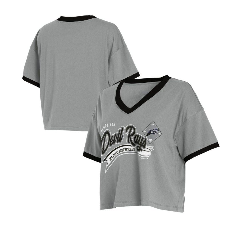 rays women s wear by erin andrews grey devil rays v neck crop t shirt the bay republic or team store of the tampa bay rays and rowdies 1