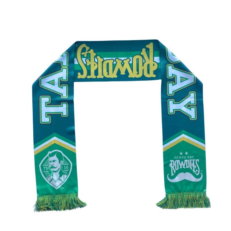 rowdies green and yellow dual sided tampa bay mustache crest scarf the bay republic or team store of the tampa bay rays and rowdies 1