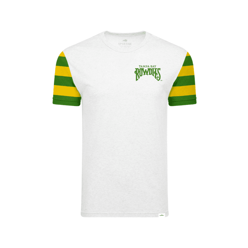 rowdies green yellow striped sleeves sportiqe t shirt the bay republic or team store of the tampa bay rays and rowdies