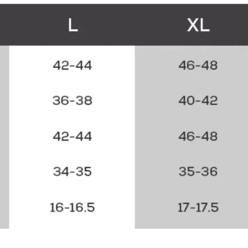 sizechart jersey